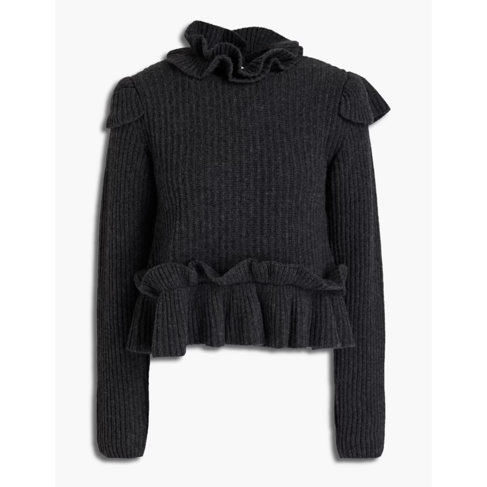 GANNI
Cutout ruffled ribbed wool-blend sweater